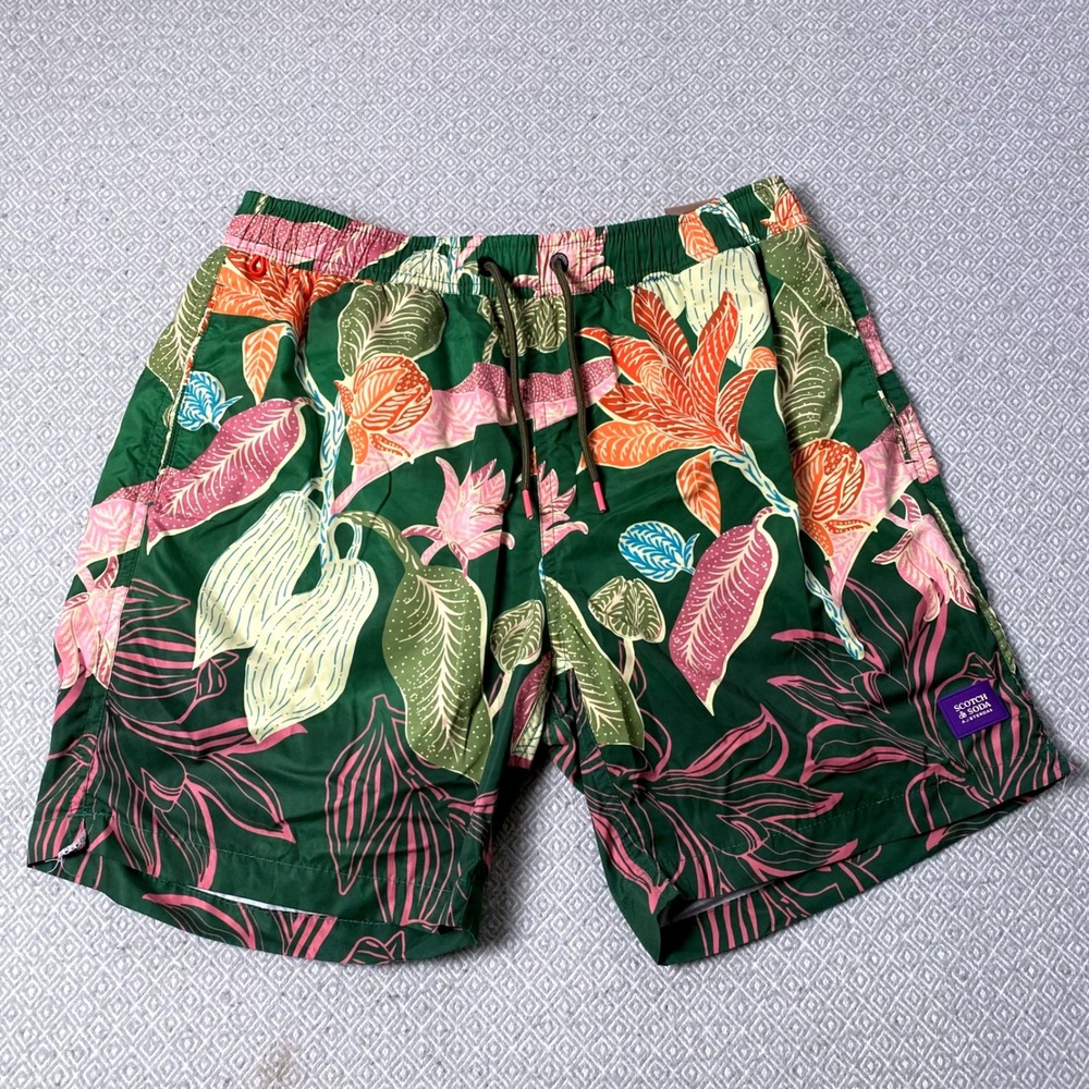 Scotch & Soda Swim Trunks Mens M Green Tropical Floral Print Board Shorts 167376